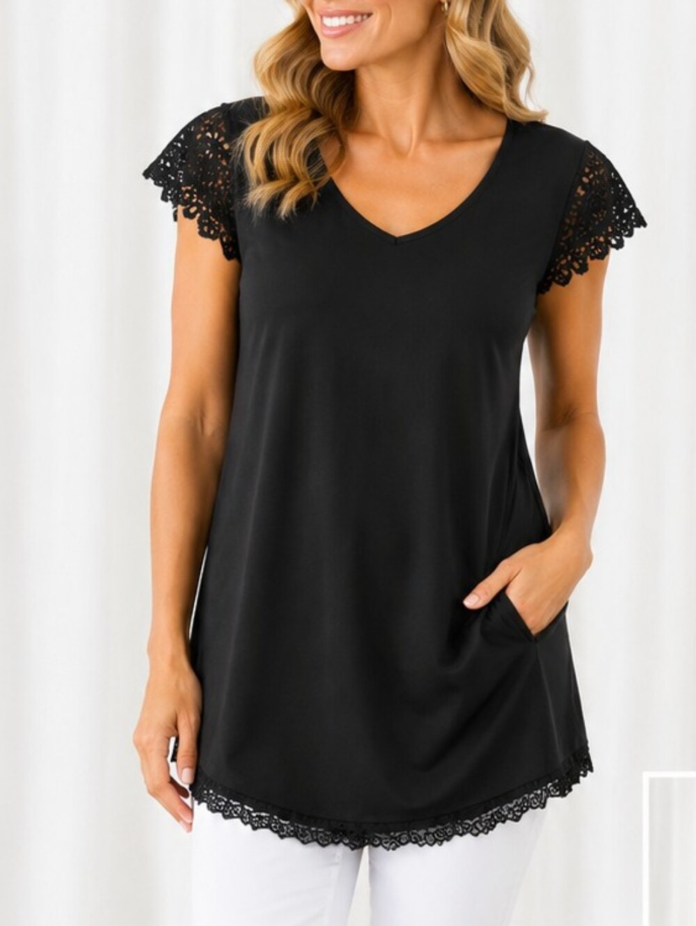 SHEIN Curve 3XL Black Lace Sleeve Tunic Top Plus Size V Neck Boho Casual EUC